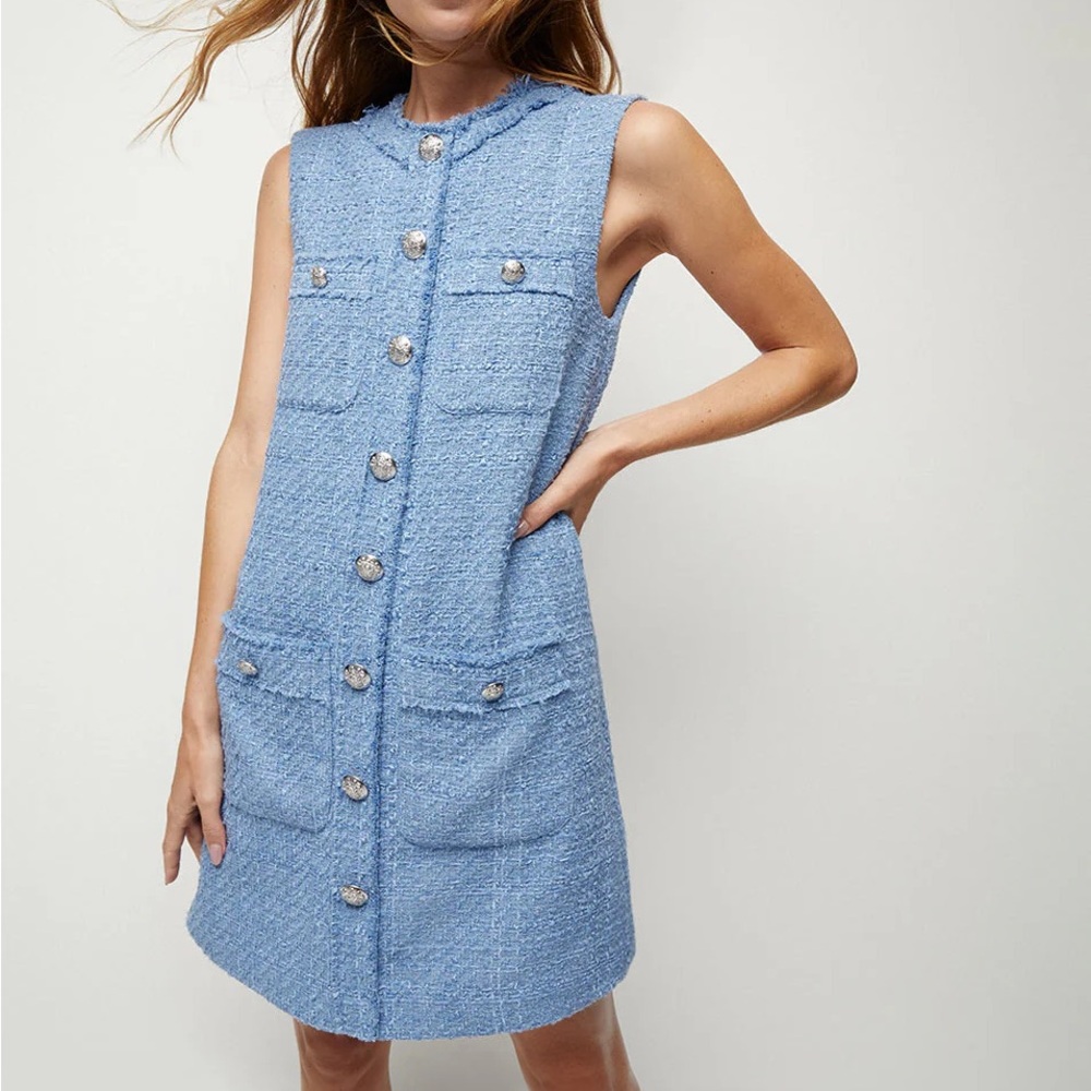 Veronica Beard Laurel Tweed Blue Skylight Dress XS 2 $598